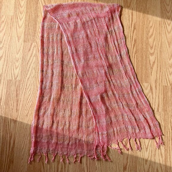 Handwoven Pink Peach Gold Open Weave Scarf With Fringe 64 in L x 15 in W - Picture 3 of 6
